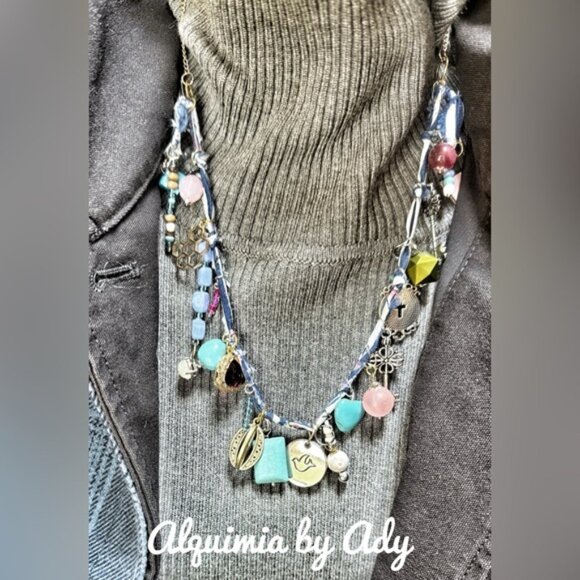 Statement Celtic layered multi charms necklace with fabric - Picture 1 of 7